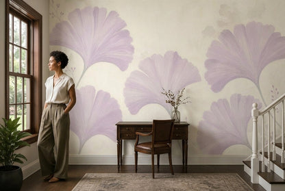 Gingko Yapraklı Poster Duvar Kağıdı Lila Tonlu Salon