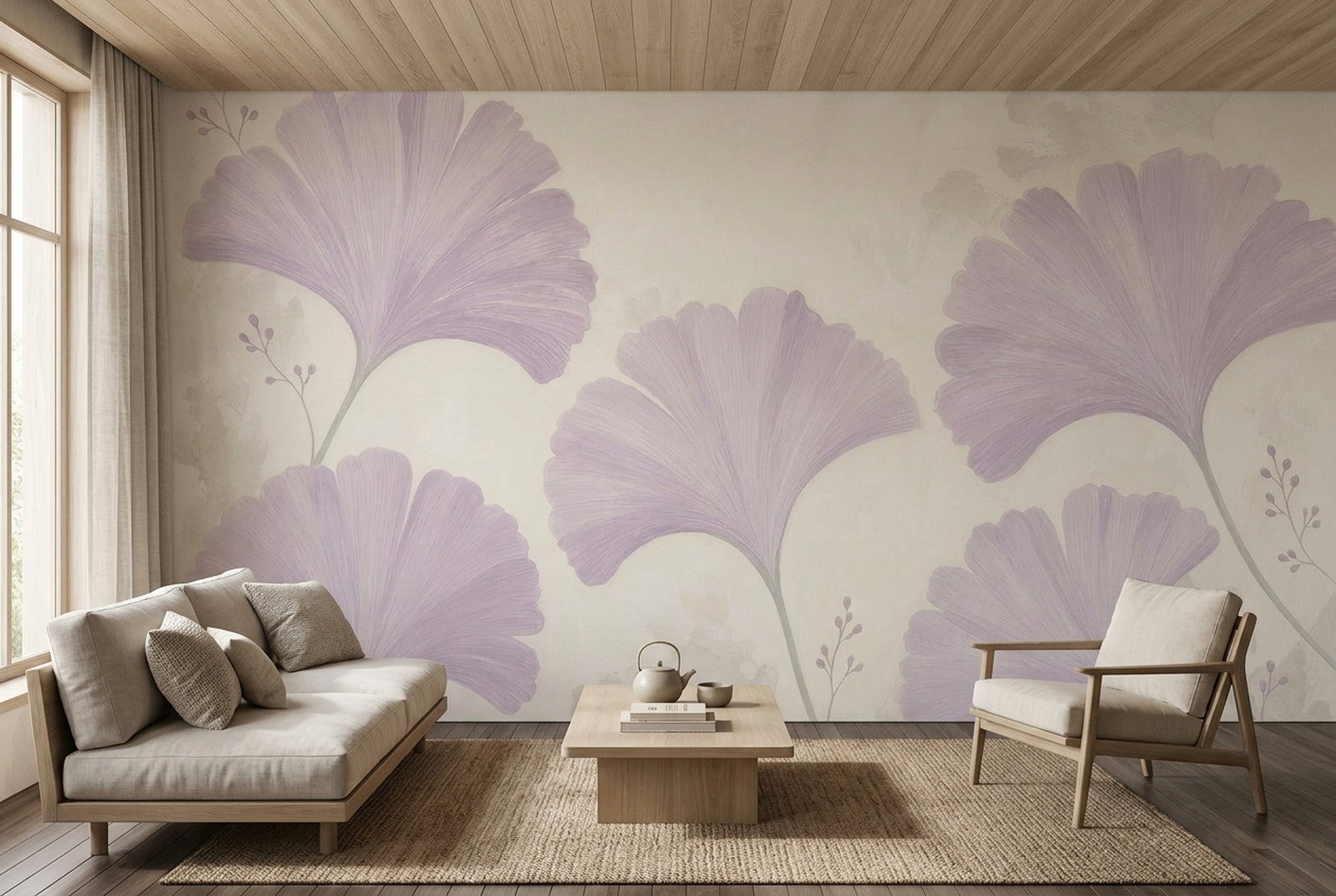 Gingko Yapraklı Poster Duvar Kağıdı Lila Tonlu Salon