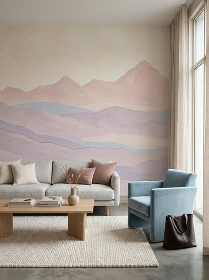 Pastel Dağ Manzaralı Poster Duvar Kağıdı Bej Mor Salon