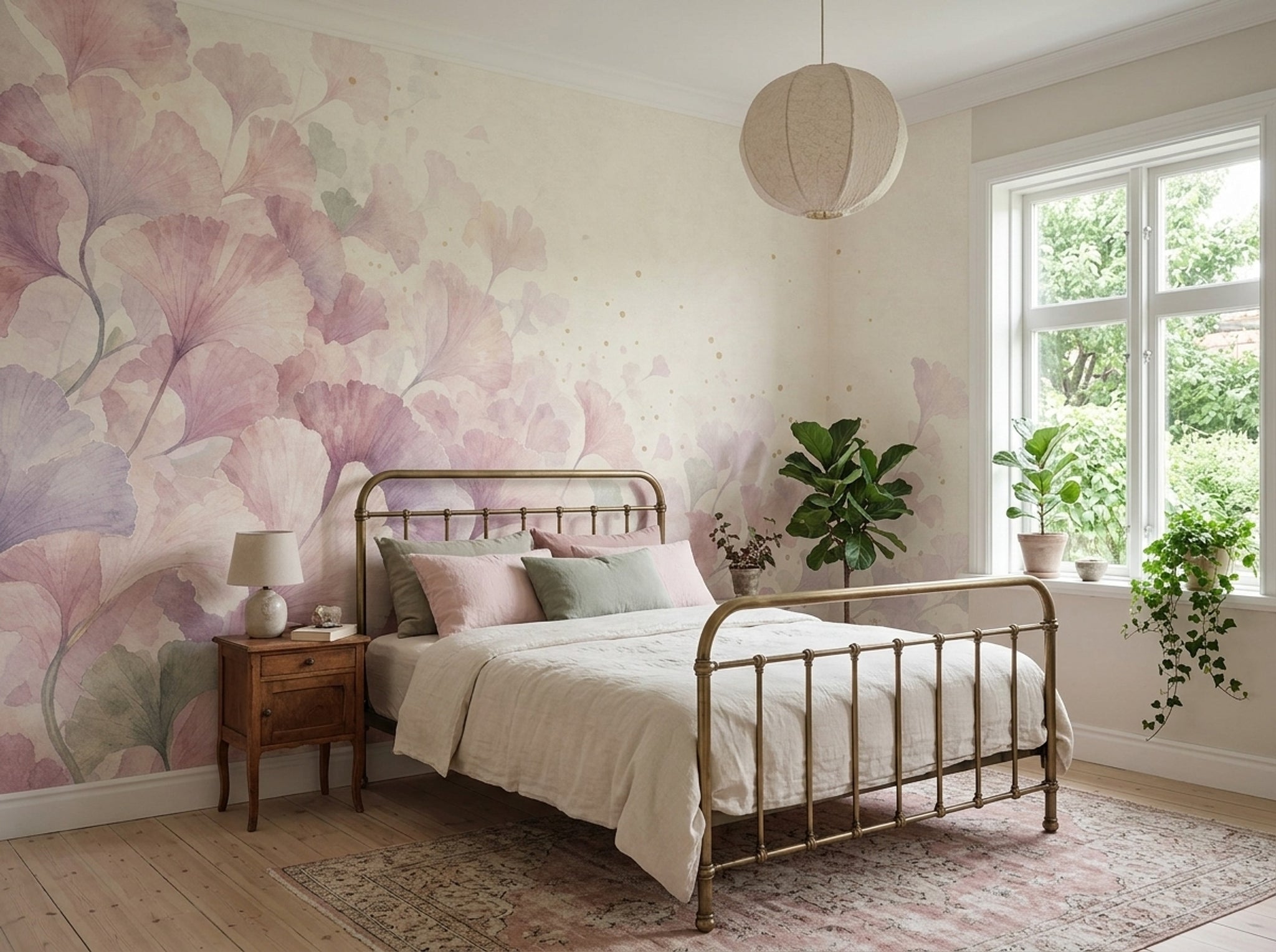 Pastel Ginkgo Yapraklı Poster Duvar Kağıdı Pembe Krem Bebek Odası