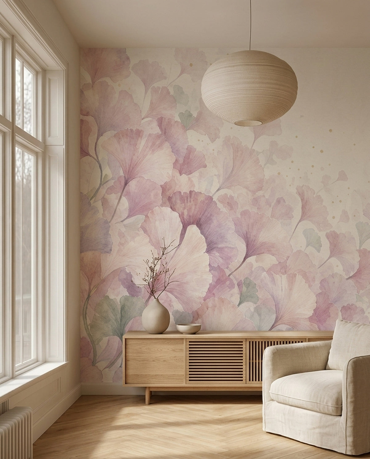 Pastel Ginkgo Yapraklı Poster Duvar Kağıdı Pembe Krem Bebek Odası