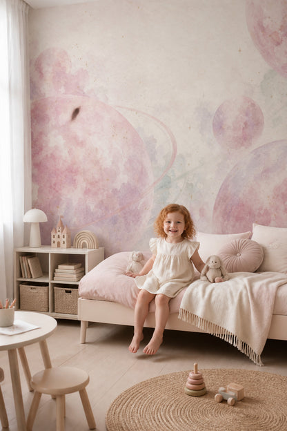 Pastel Gezegenli Poster Duvar Kağıdı Pembe Çocuk Odası