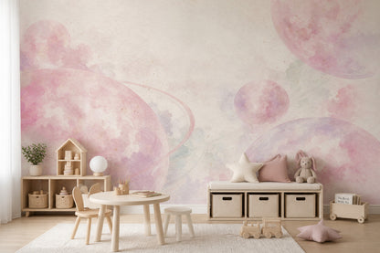 Pastel Gezegenli Poster Duvar Kağıdı Pembe Çocuk Odası