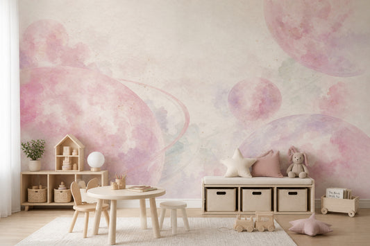 Pastel Gezegenli Poster Duvar Kağıdı Pembe Çocuk Odası