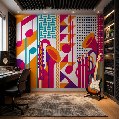 Müzik Notalı Poster Duvar Kağıdı Renkli Geometrik Genç Odası