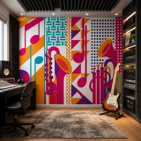 Müzik Notalı Poster Duvar Kağıdı Renkli Geometrik Genç Odası