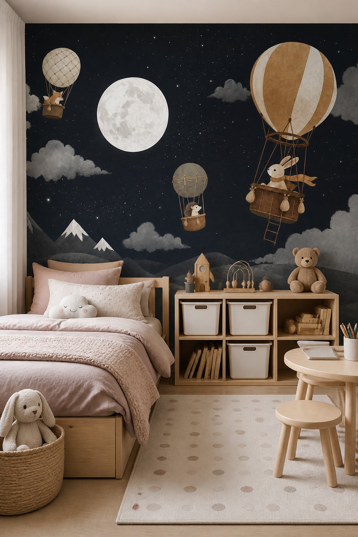 Gece Gökyüzü Poster Duvar Kağıdı Ay Balonlu Çocuk Odası