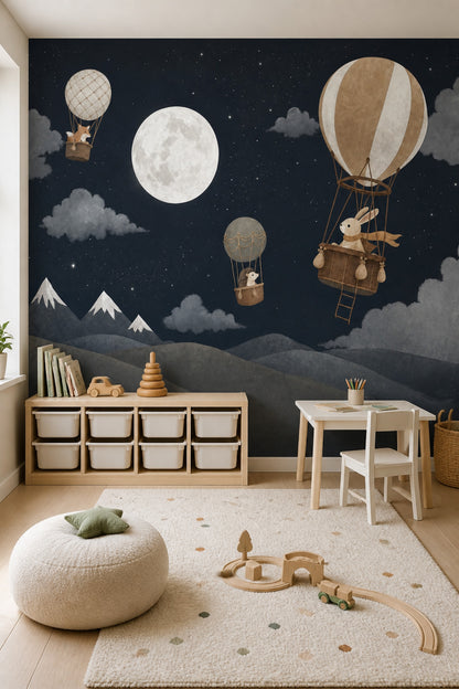 Gece Gökyüzü Poster Duvar Kağıdı Ay Balonlu Çocuk Odası