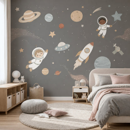 Uzay Temalı Astronotlu Poster Duvar Kağıdı Gri Çocuk Odası