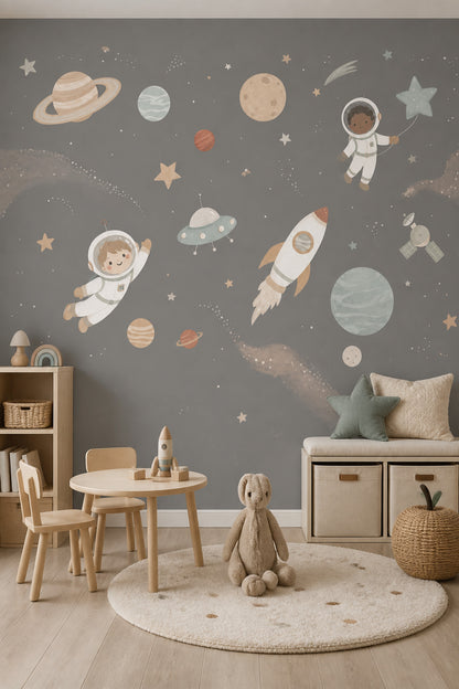 Uzay Temalı Astronotlu Poster Duvar Kağıdı Gri Çocuk Odası