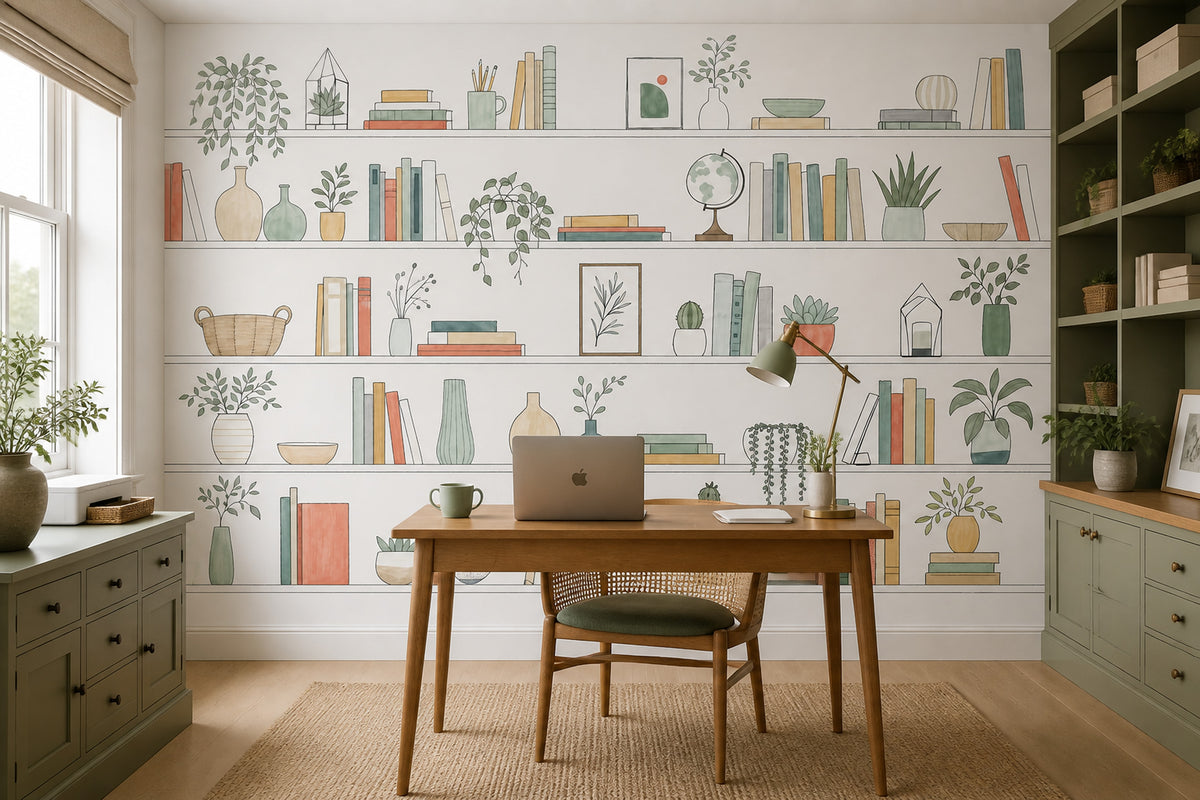Kitaplık ve Bitkili Poster Duvar Kağıdı Pastel Çocuk Odası