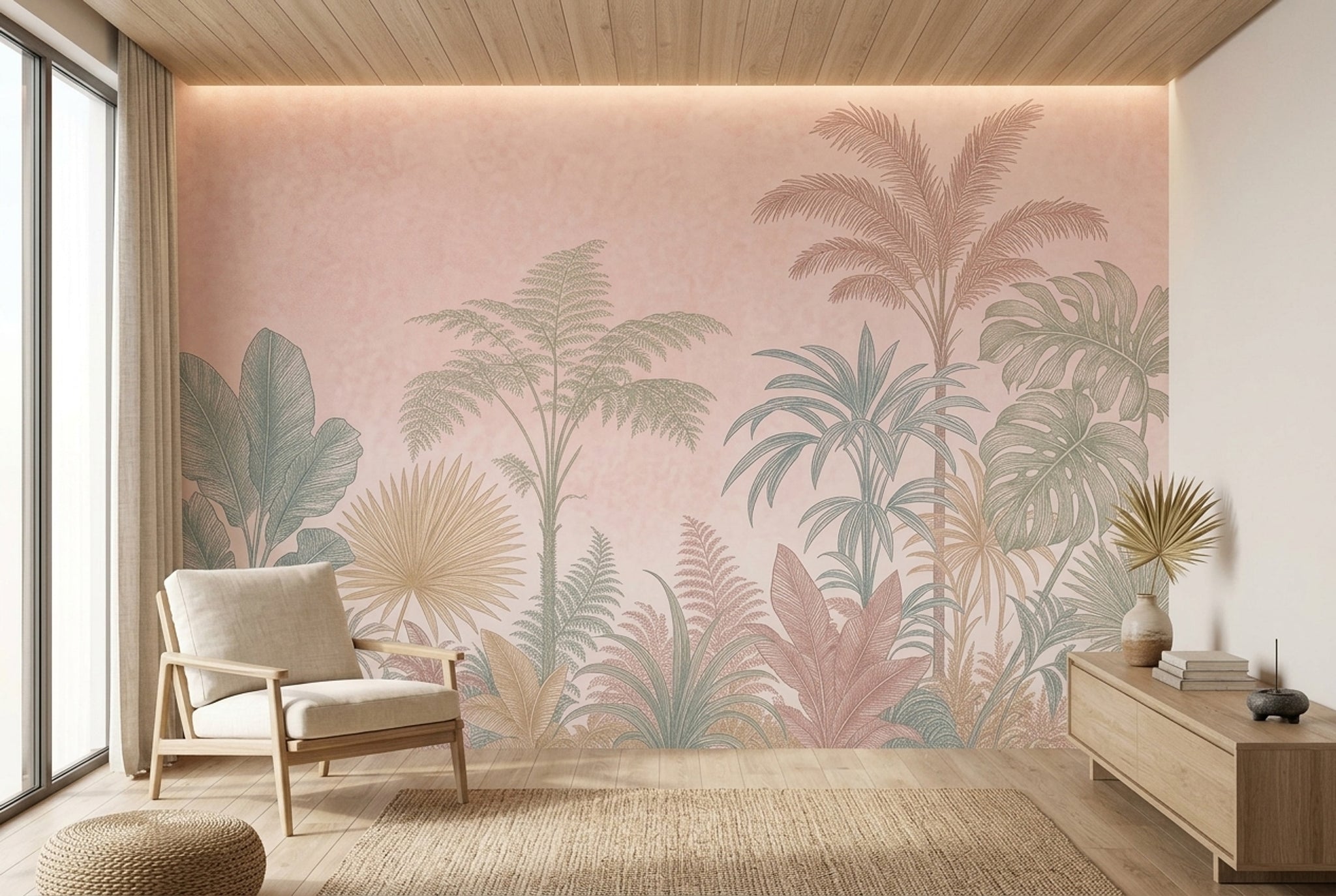 Pastel Tropikal Yapraklı Poster Duvar Kağıdı Pudra Pembe Salon