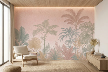 Pastel Tropikal Yapraklı Poster Duvar Kağıdı Pudra Pembe Salon