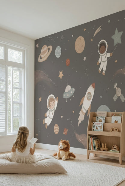 Uzay Temalı Astronotlu Poster Duvar Kağıdı Gri Çocuk Odası