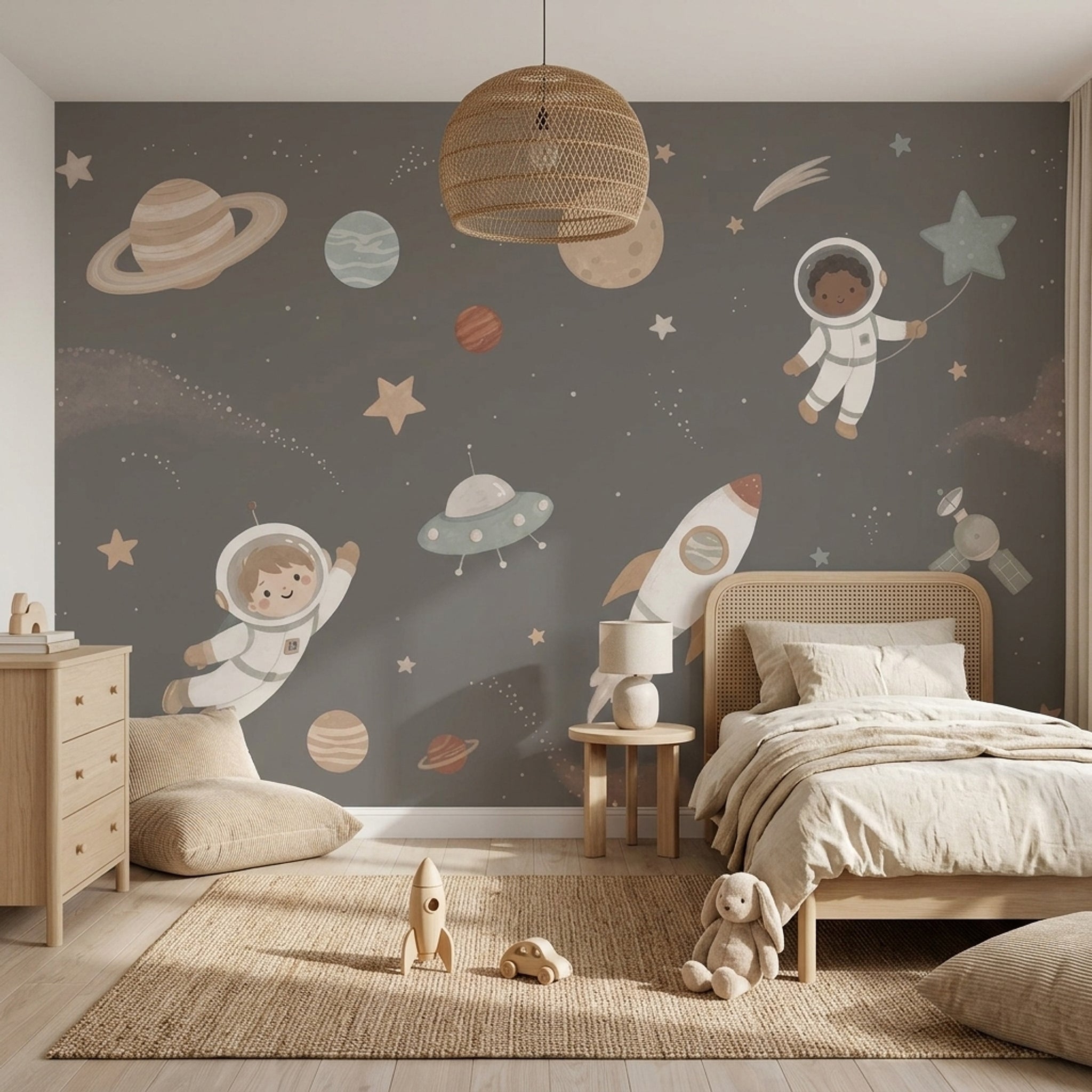 Uzay Temalı Astronotlu Poster Duvar Kağıdı Gri Çocuk Odası