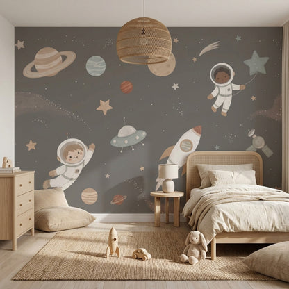 Uzay Temalı Astronotlu Poster Duvar Kağıdı Gri Çocuk Odası