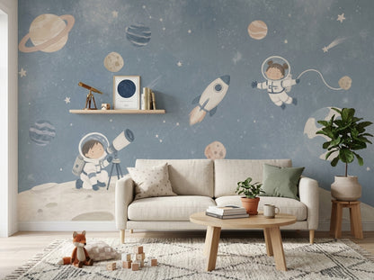 Astronot ve Gezegenli Poster Duvar Kağıdı Mavi Çocuk Odası