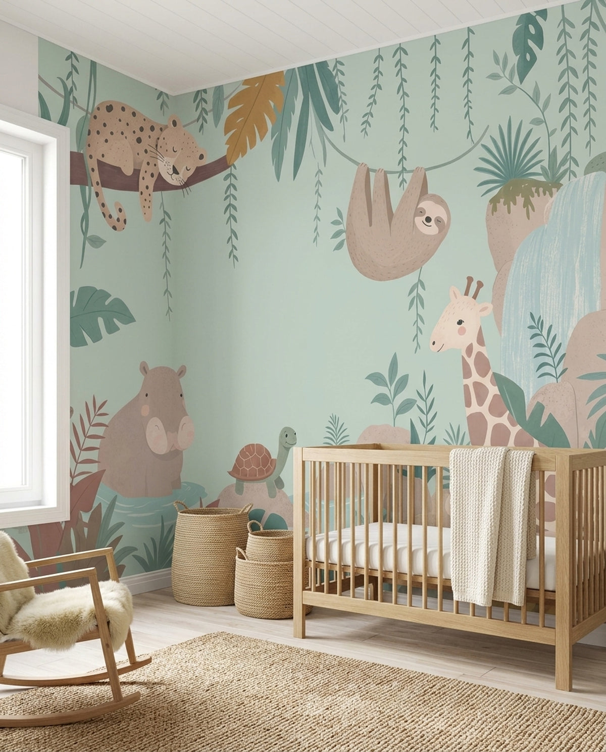 Jungle Hayvanlı Poster Duvar Kağıdı Yeşil Çocuk Odası Desenli