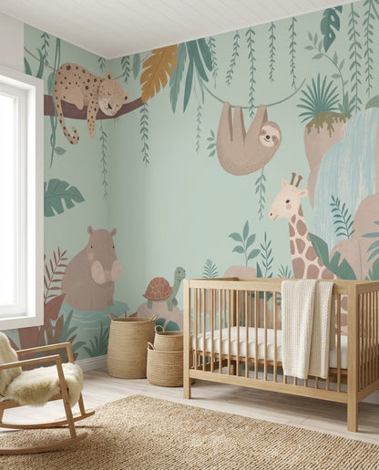 Jungle Hayvanlı Poster Duvar Kağıdı Yeşil Çocuk Odası Desenli