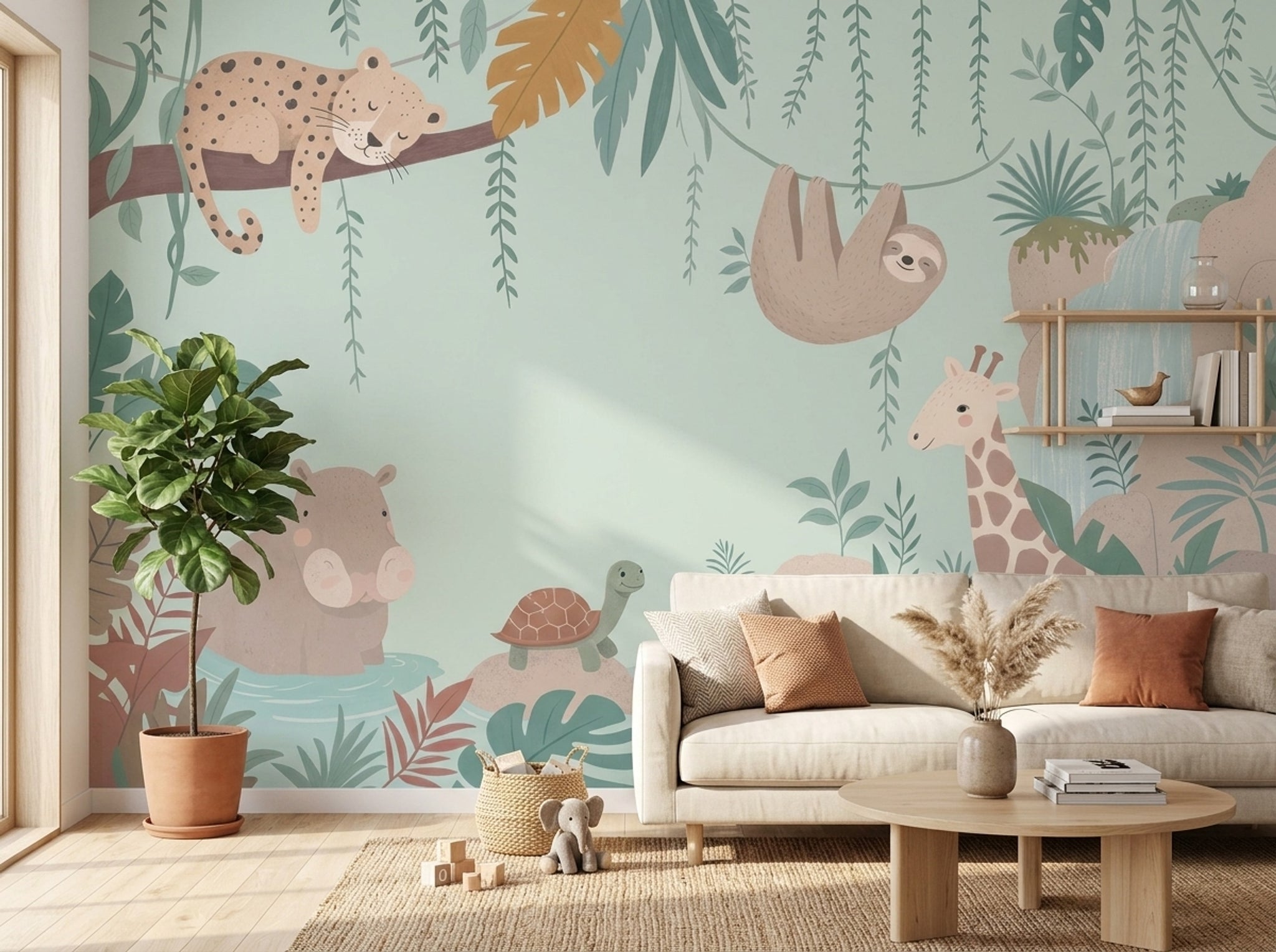 Jungle Hayvanlı Poster Duvar Kağıdı Yeşil Çocuk Odası Desenli