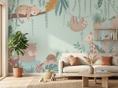 Jungle Hayvanlı Poster Duvar Kağıdı Yeşil Çocuk Odası Desenli