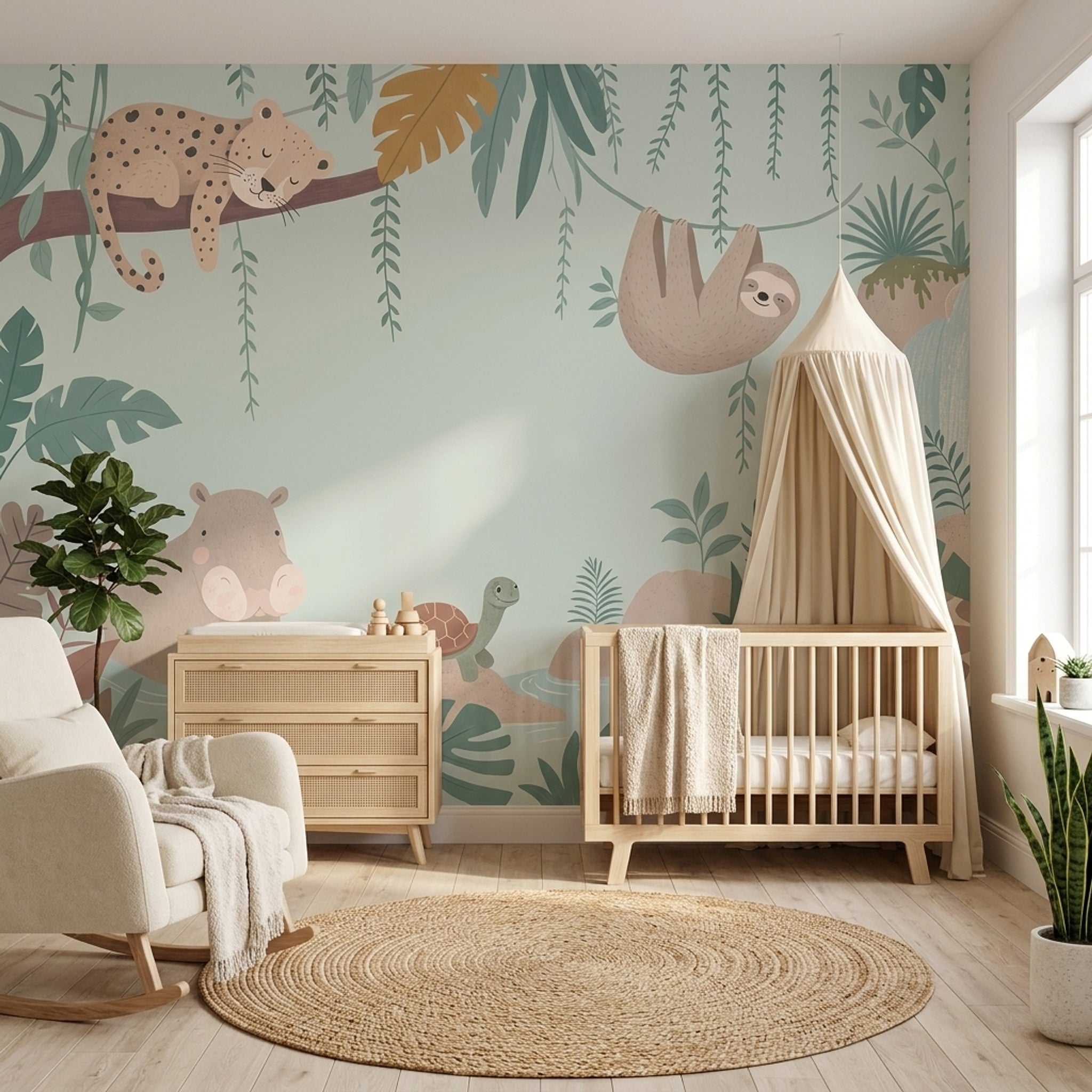 Jungle Hayvanlı Poster Duvar Kağıdı Yeşil Çocuk Odası Desenli