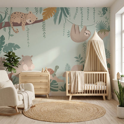 Jungle Hayvanlı Poster Duvar Kağıdı Yeşil Çocuk Odası Desenli