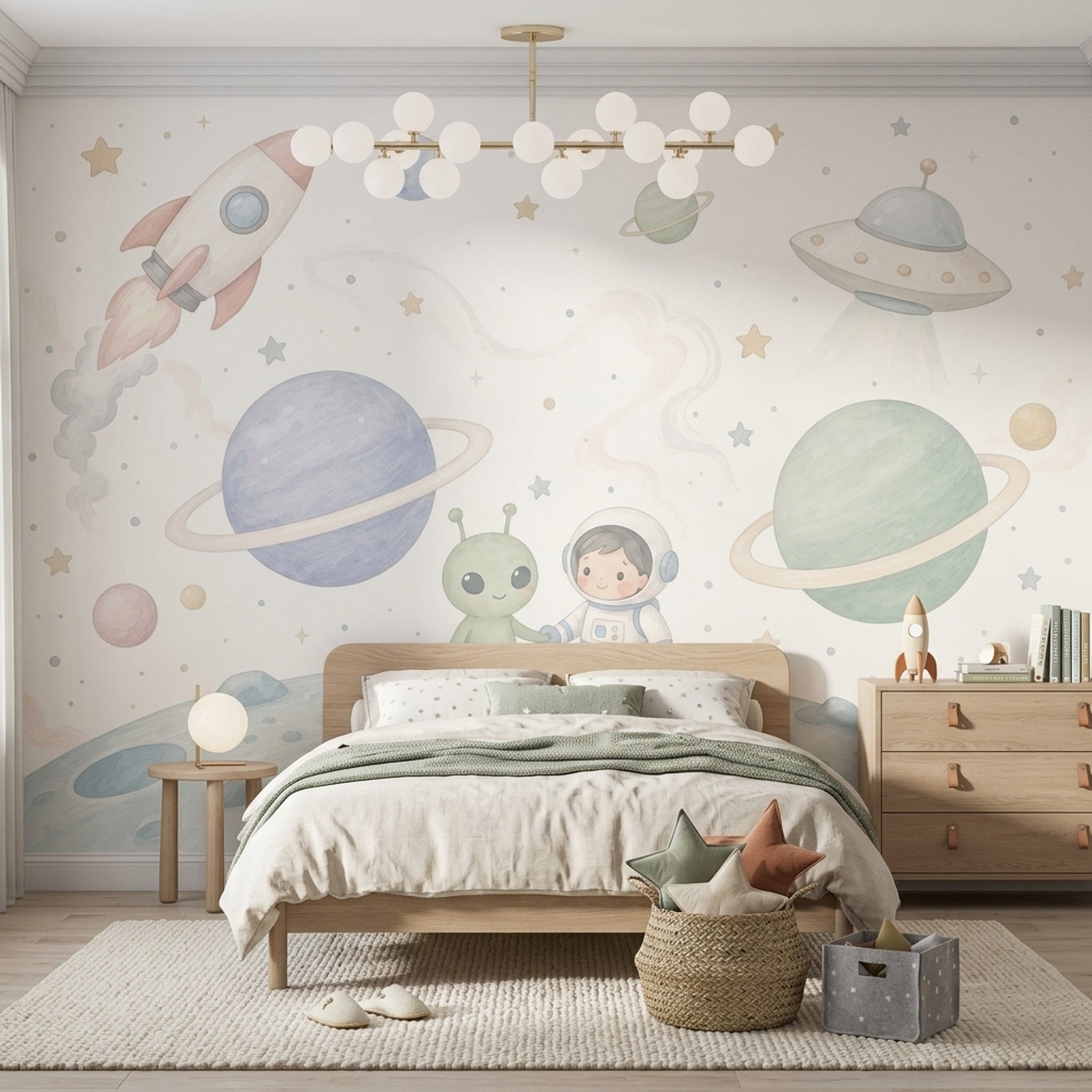 Uzay Roketli Poster Duvar Kağıdı Pastel Çocuk Odası Desenli