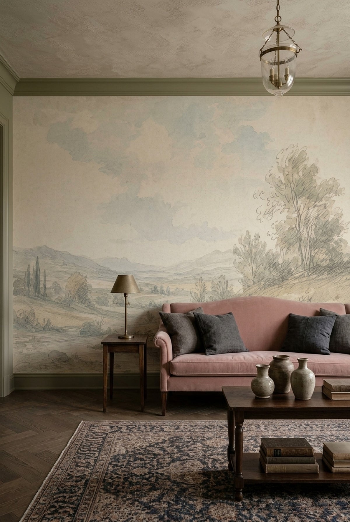 Pastel Manzara Poster Duvar Kağıdı Bej Yeşil Salon Duvarı