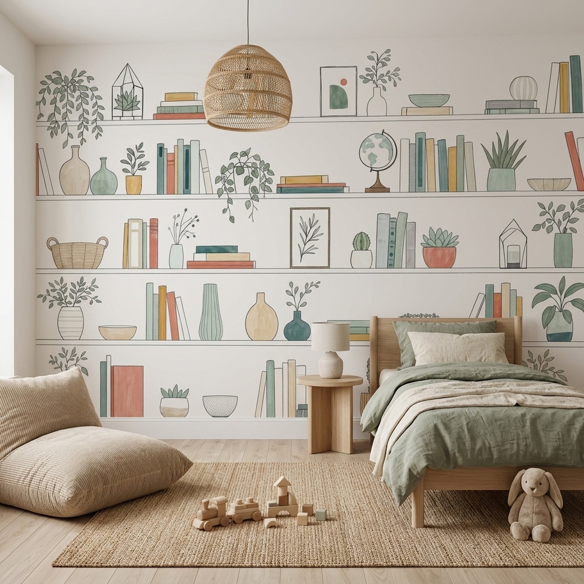 Kitaplık ve Bitkili Poster Duvar Kağıdı Pastel Çocuk Odası