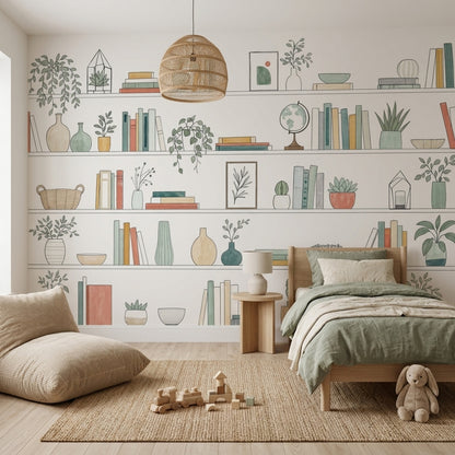 Kitaplık ve Bitkili Poster Duvar Kağıdı Pastel Çocuk Odası