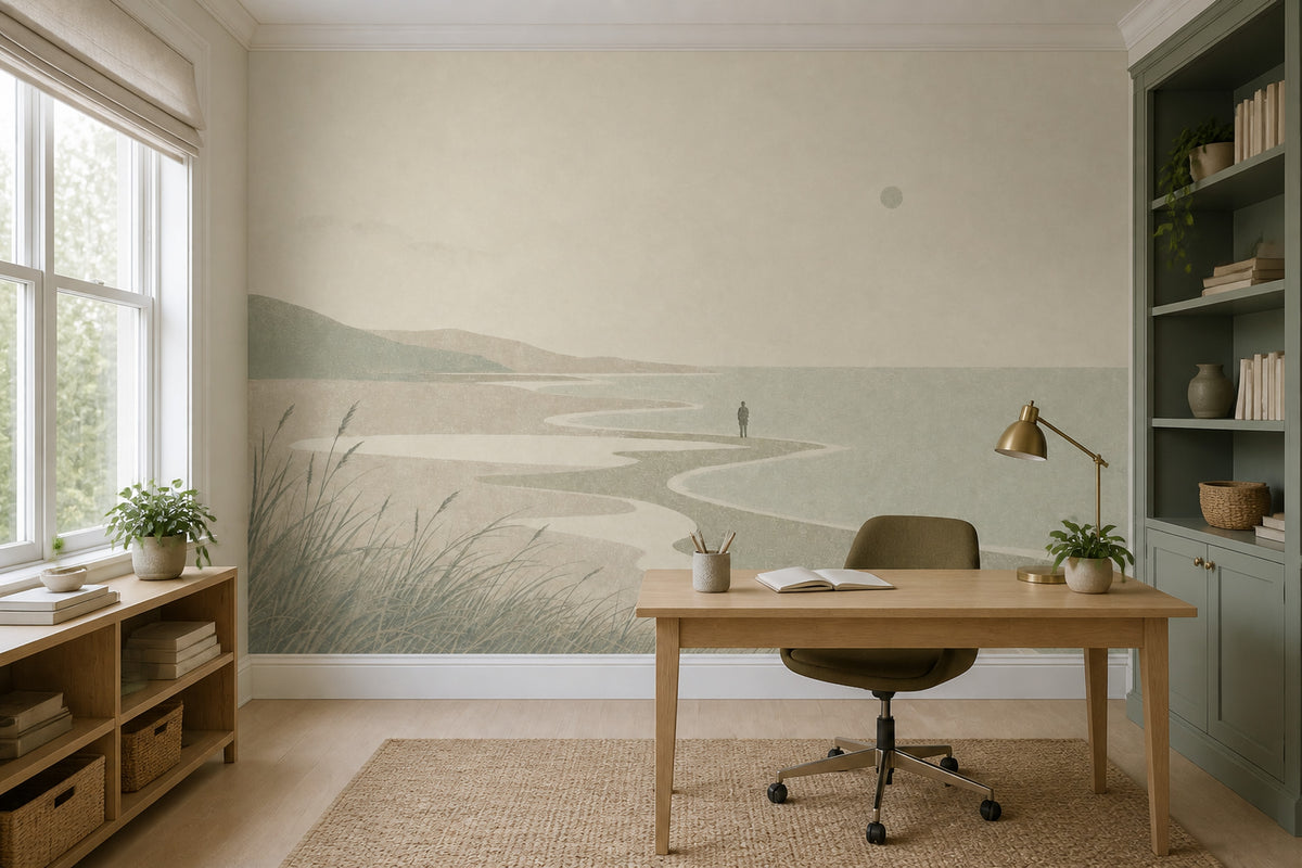 Sahil Manzaralı Poster Duvar Kağıdı Pastel Yeşil Bej Ofis