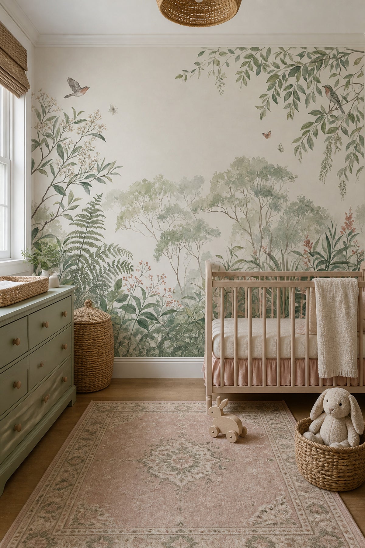 Kuşlu Botanik Poster Duvar Kağıdı Yeşil Bej Salon