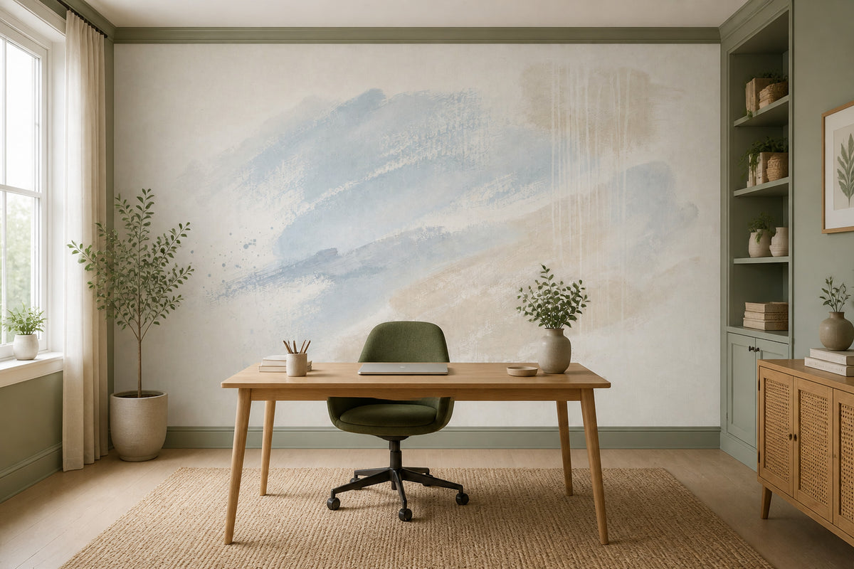 Pastel Soyut Sulu Boya Poster Duvar Kağıdı Bej Mavi Salon