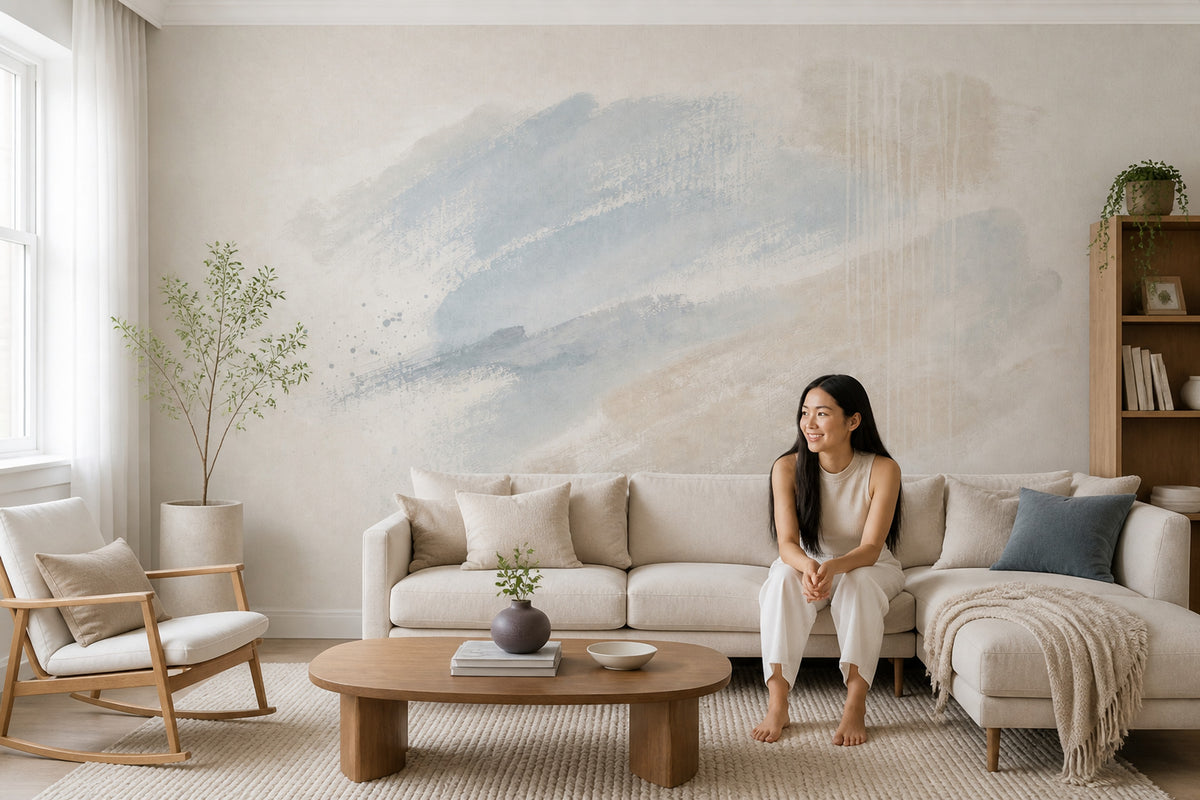 Pastel Soyut Sulu Boya Poster Duvar Kağıdı Bej Mavi Salon