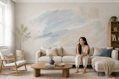 Pastel Soyut Sulu Boya Poster Duvar Kağıdı Bej Mavi Salon