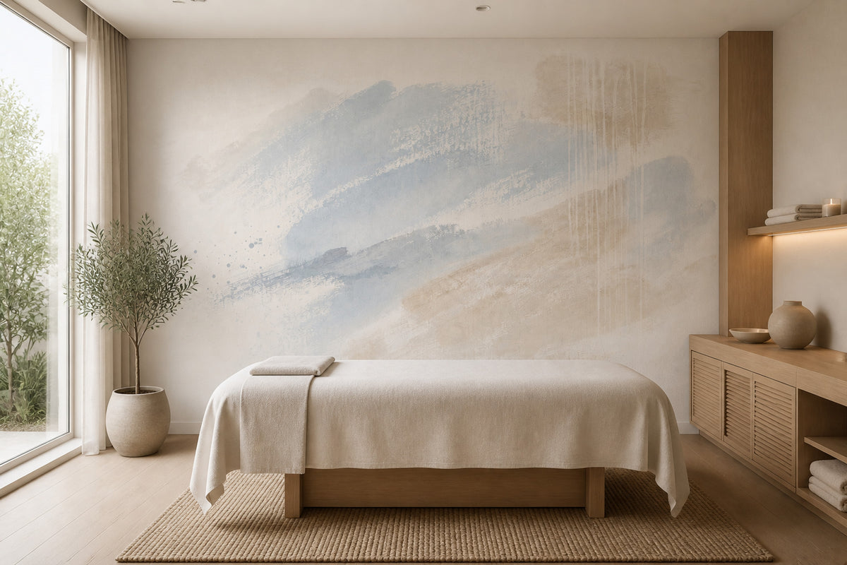 Pastel Soyut Sulu Boya Poster Duvar Kağıdı Bej Mavi Salon