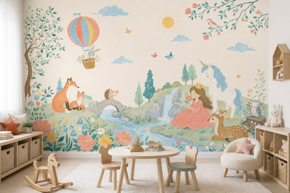 Masalsı Hayvanlı Poster Duvar Kağıdı Pastel Çocuk Odası Desenli