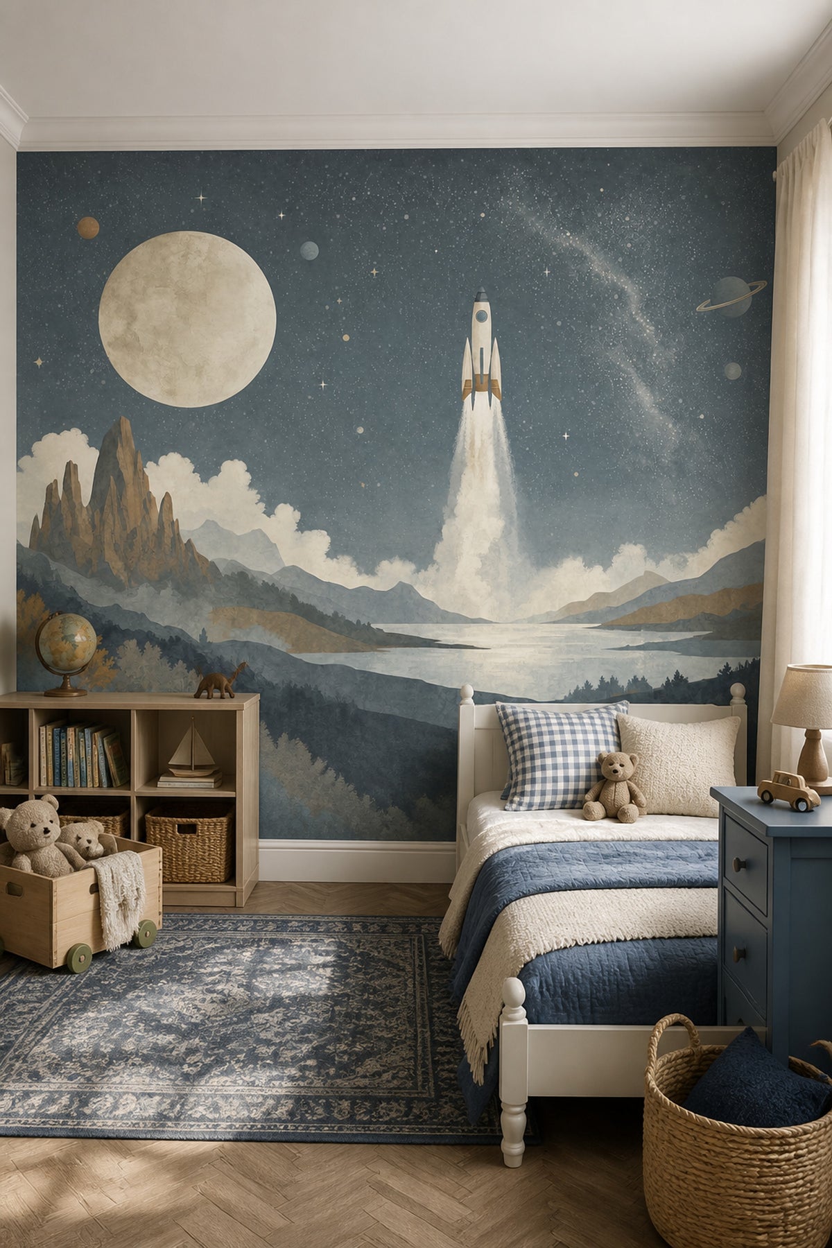 Uzay ve Roket Poster Duvar Kağıdı Lacivert Bebek Odası