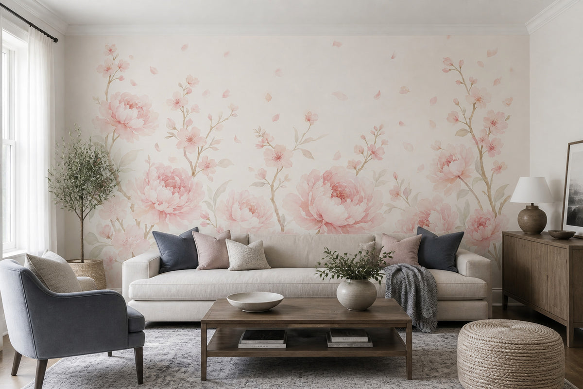 Pastel Pembe Şakayık Çiçekli Poster Duvar Kağıdı Salon Duvarı
