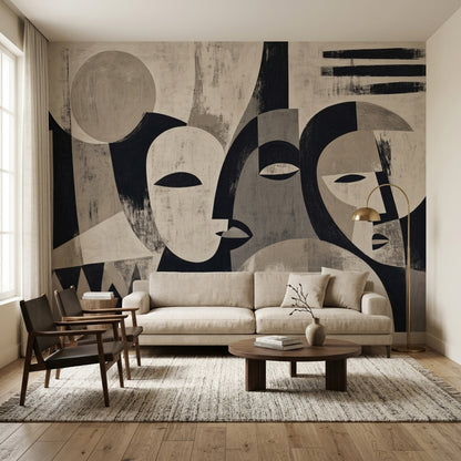 Soyut Yüzler Poster Duvar Kağıdı Siyah Beyaz Salon