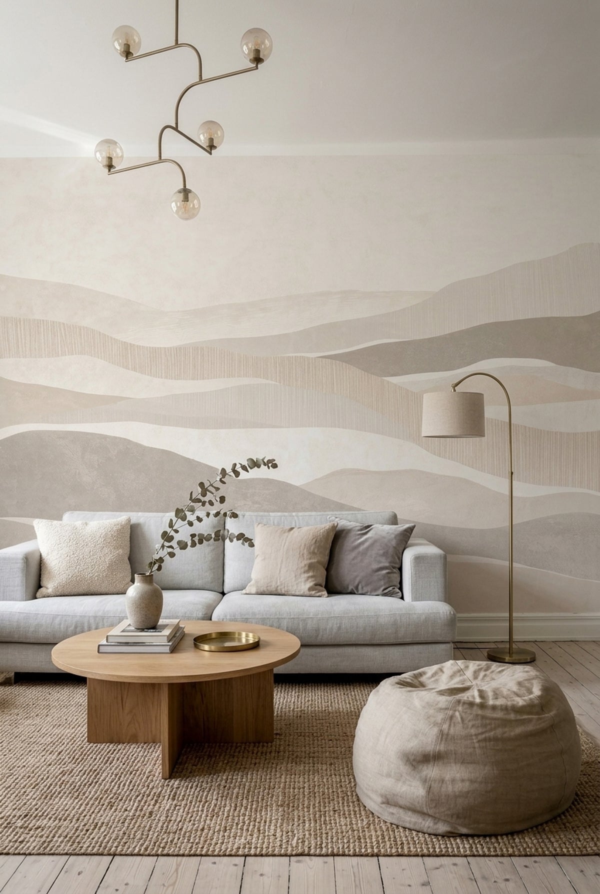 Bej Dalgalı Soyut Poster Duvar Kağıdı Minimal Salon Duvarı