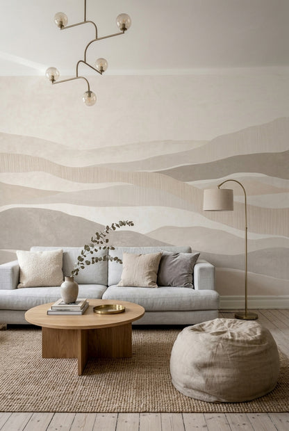 Bej Dalgalı Soyut Poster Duvar Kağıdı Minimal Salon Duvarı