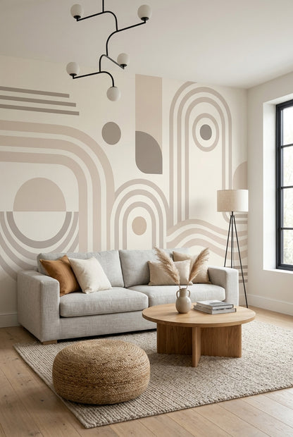 Soyut Geometrik Poster Duvar Kağıdı Bej Gri Modern Salon