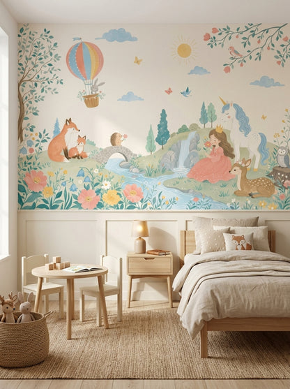 Masalsı Hayvanlı Poster Duvar Kağıdı Pastel Çocuk Odası Desenli