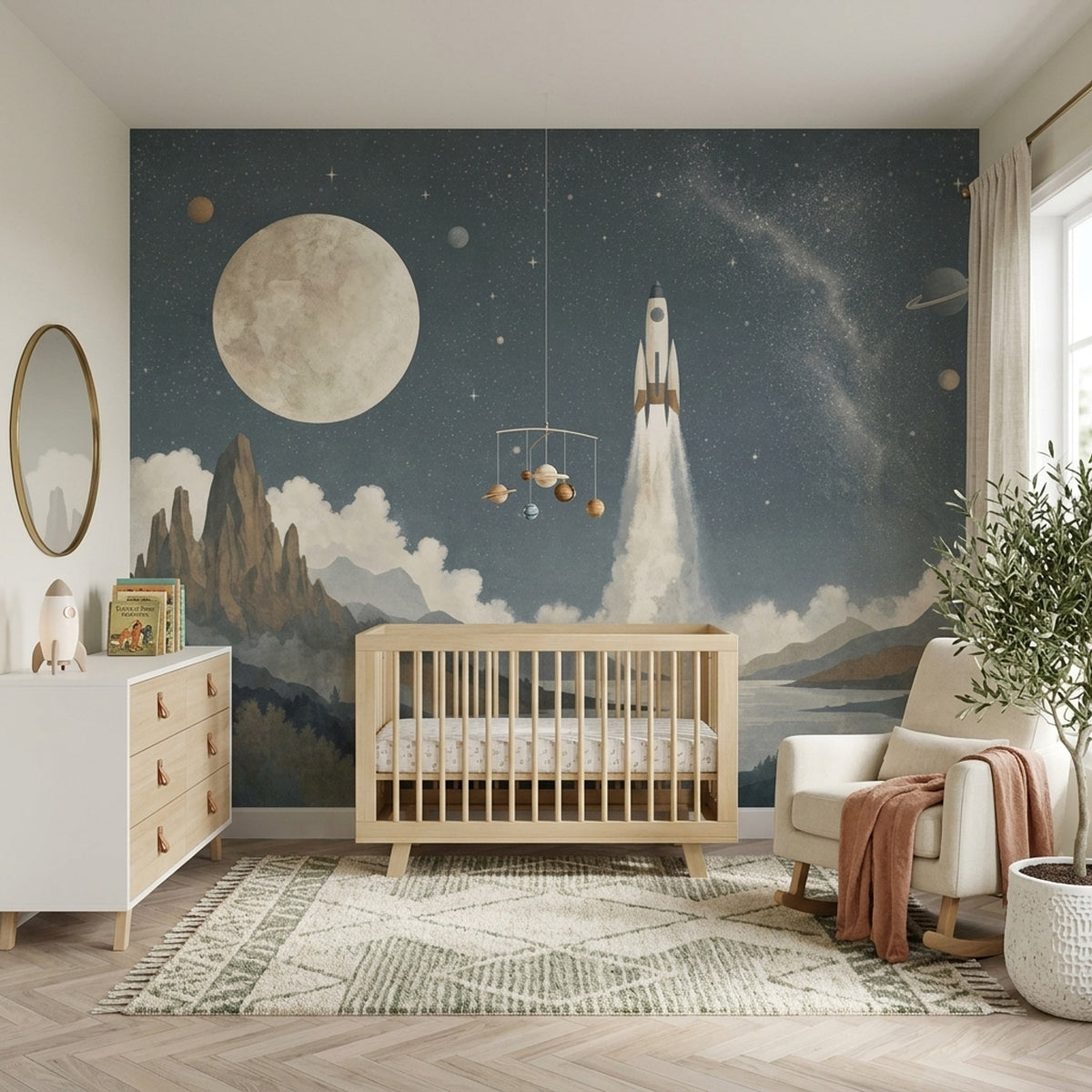 Uzay ve Roket Poster Duvar Kağıdı Lacivert Bebek Odası