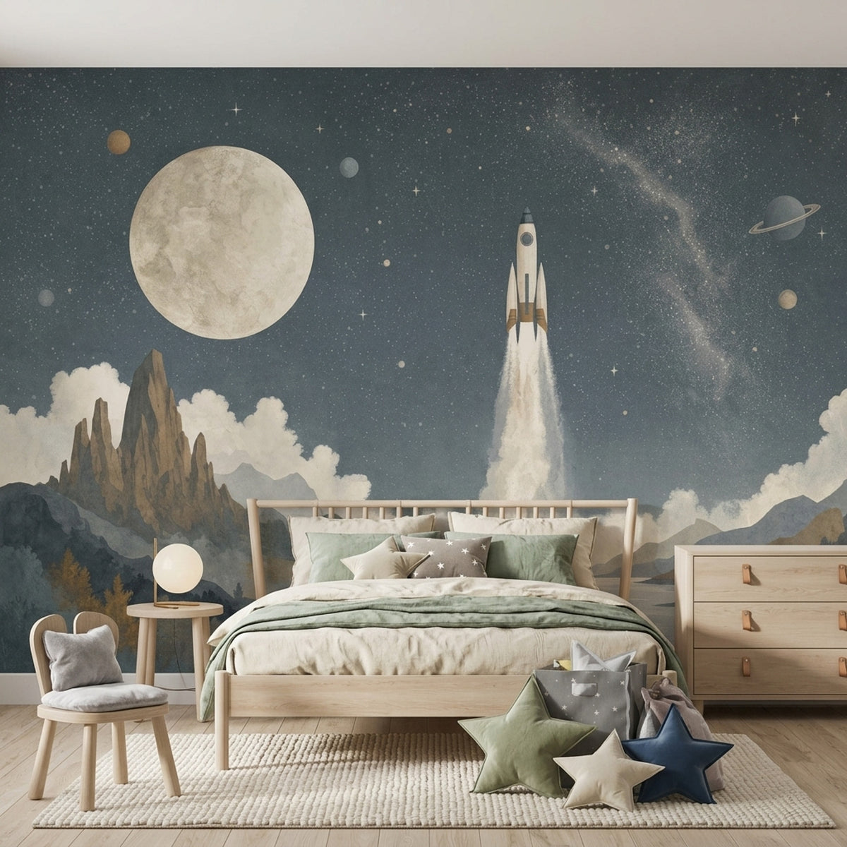 Uzay ve Roket Poster Duvar Kağıdı Lacivert Bebek Odası