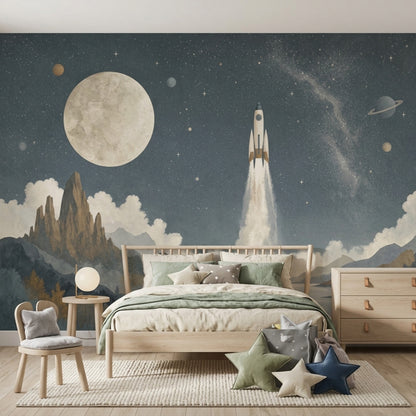 Uzay ve Roket Poster Duvar Kağıdı Lacivert Bebek Odası