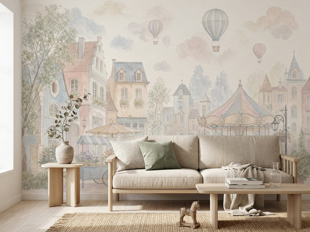 Pastel Lunapark ve Balonlu Poster Duvar Kağıdı Bebek Odası