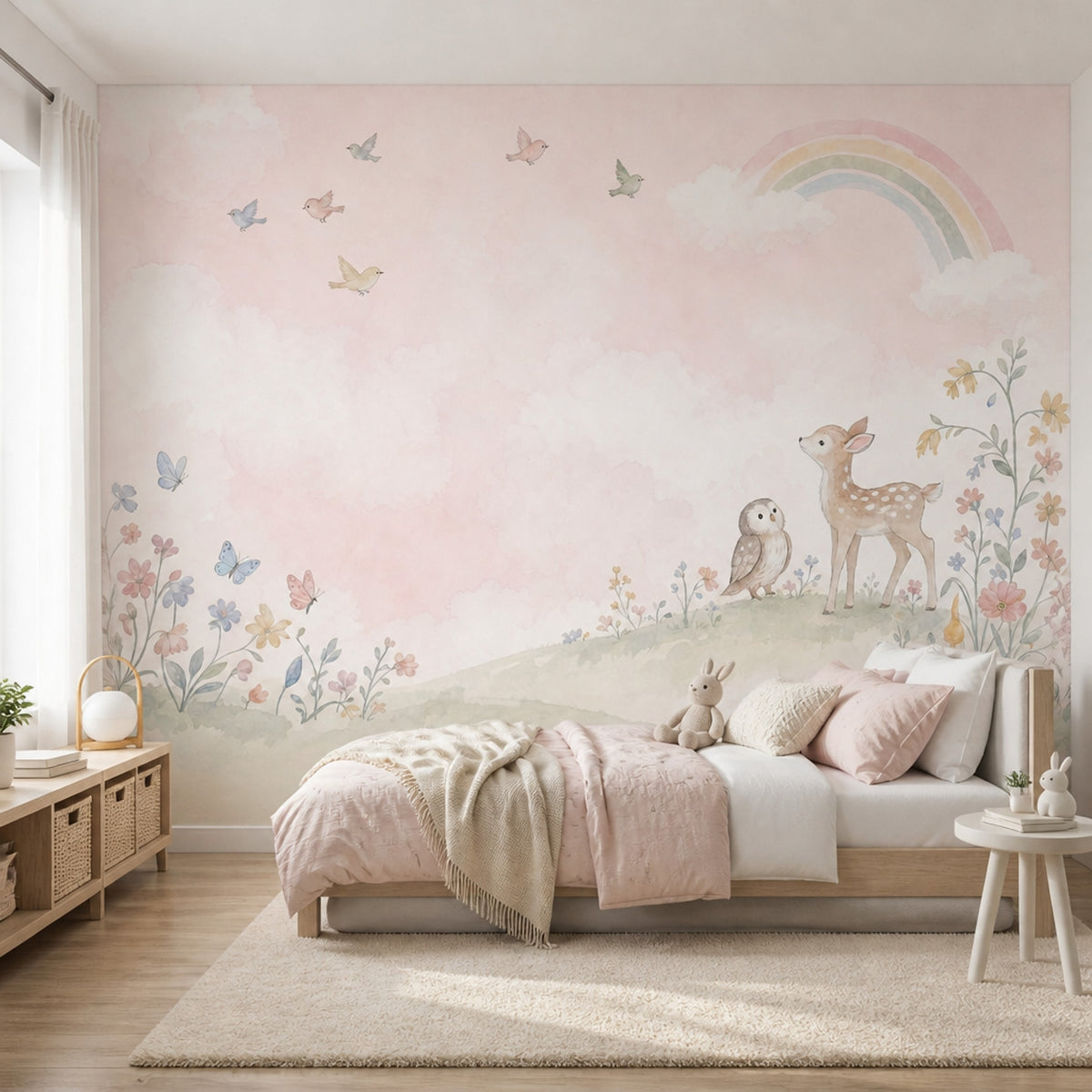 Gökkuşağı Bulutlu Ceylanlı Poster Duvar Kağıdı Pastel Çocuk Odası